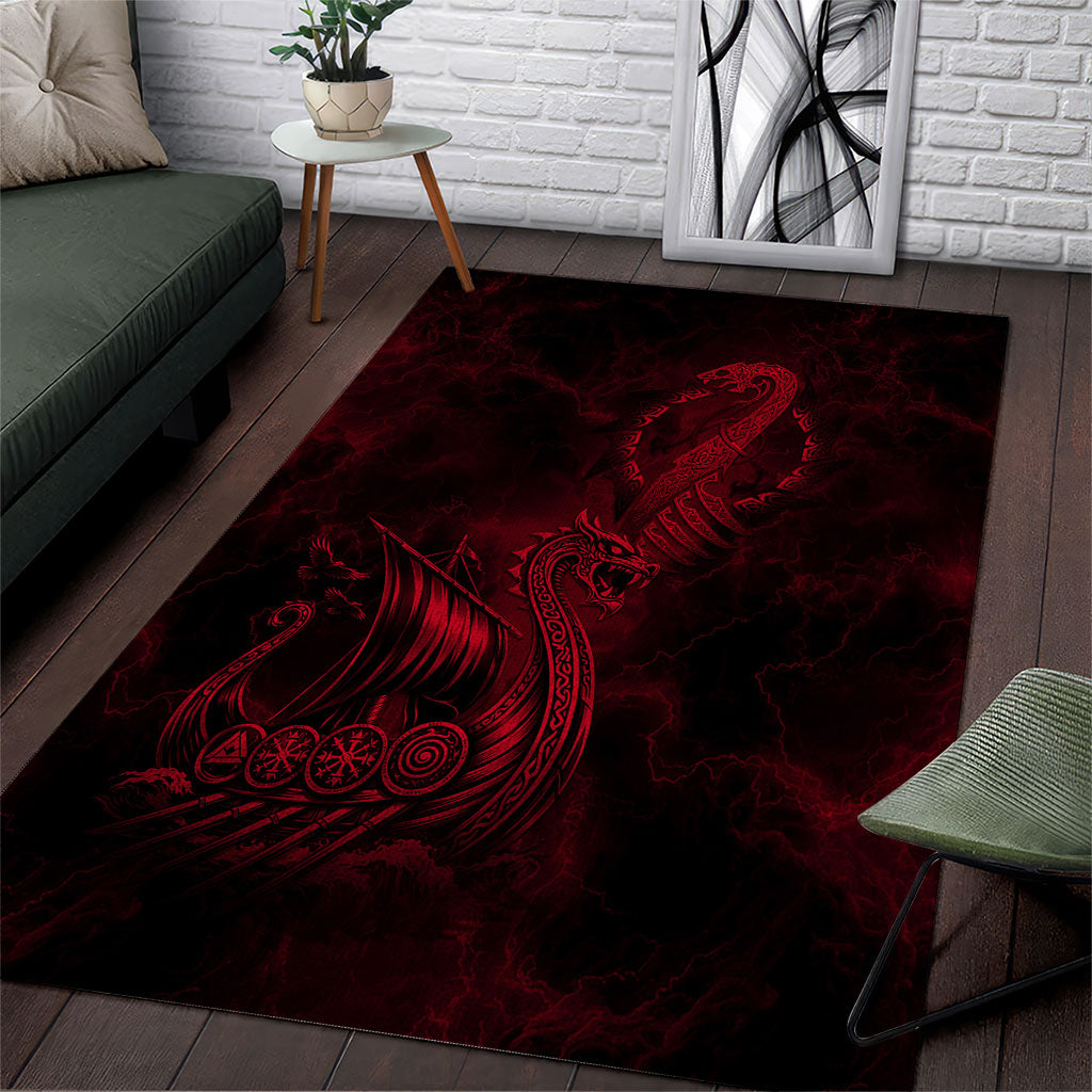 Viking Dragon Longship Helm of Awe Area Rug Nordic Mythology Tribal Engraving Style