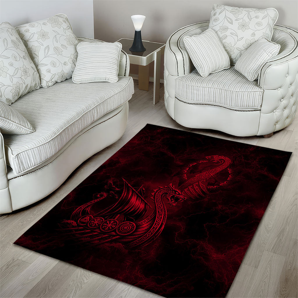 Viking Dragon Longship Helm of Awe Area Rug Nordic Mythology Tribal Engraving Style