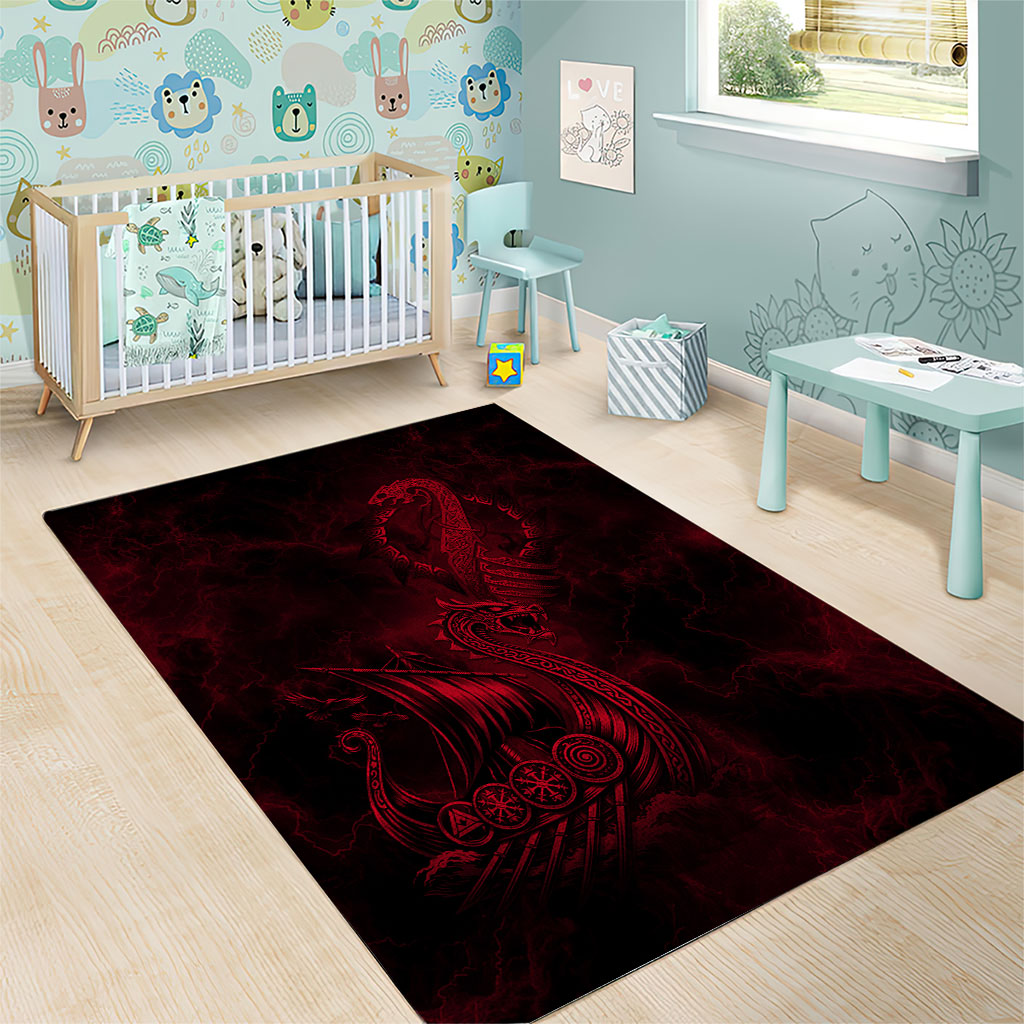 Viking Dragon Longship Helm of Awe Area Rug Nordic Mythology Tribal Engraving Style