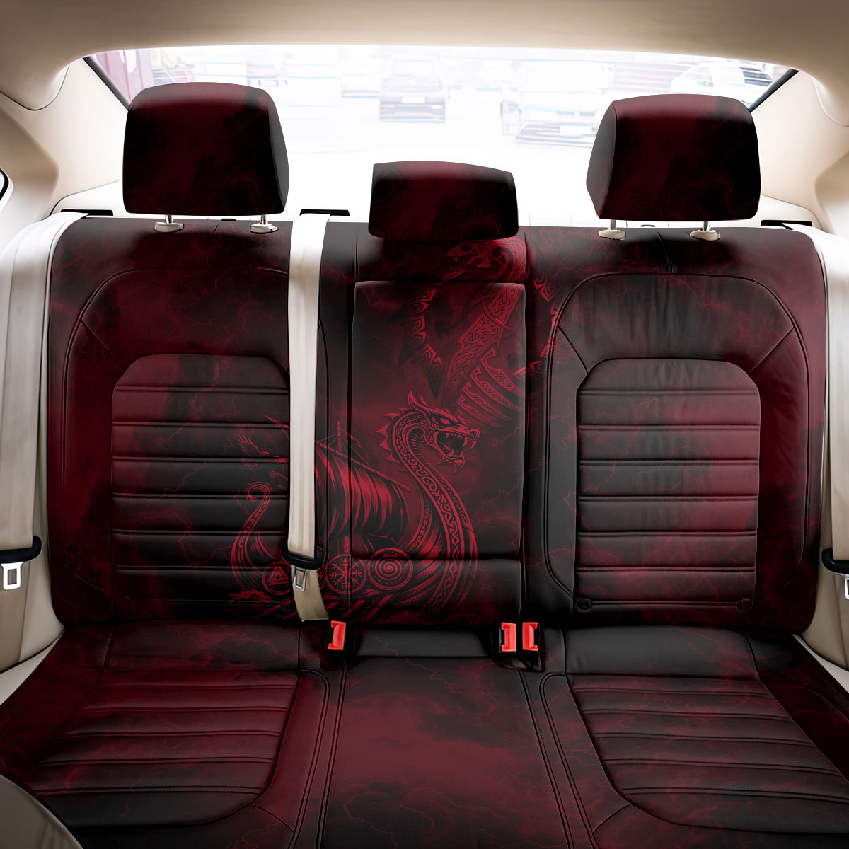 Viking Dragon Longship Helm of Awe Back Car Seat Cover Nordic Mythology Tribal Engraving Style