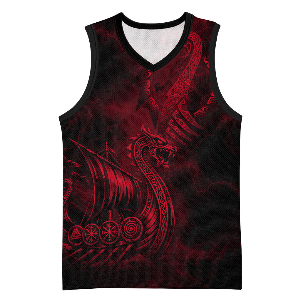 Viking Dragon Longship Helm of Awe Basketball Jersey Nordic Mythology Tribal Engraving Style