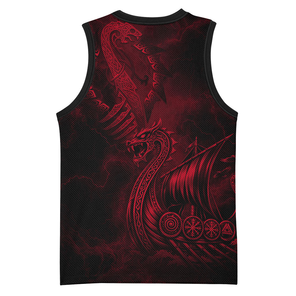 Viking Dragon Longship Helm of Awe Basketball Jersey Nordic Mythology Tribal Engraving Style