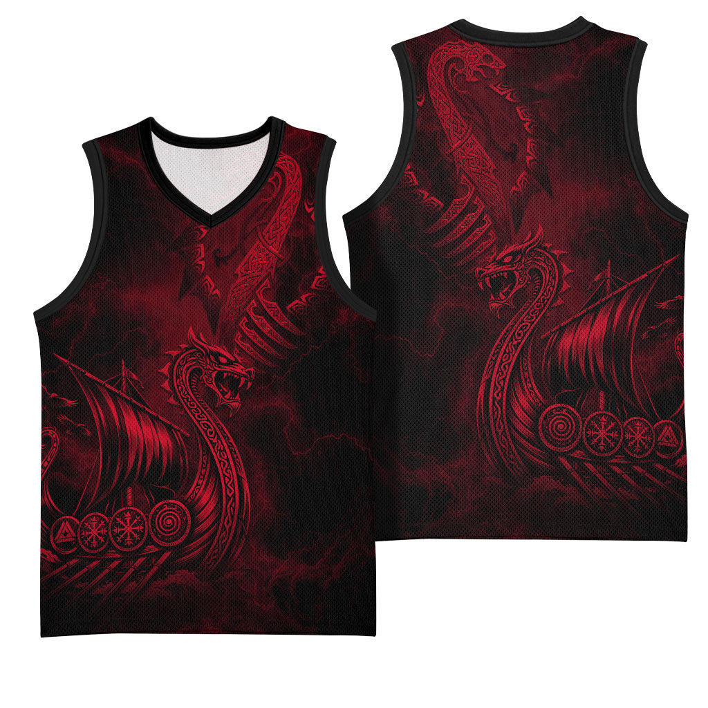Viking Dragon Longship Helm of Awe Basketball Jersey Nordic Mythology Tribal Engraving Style