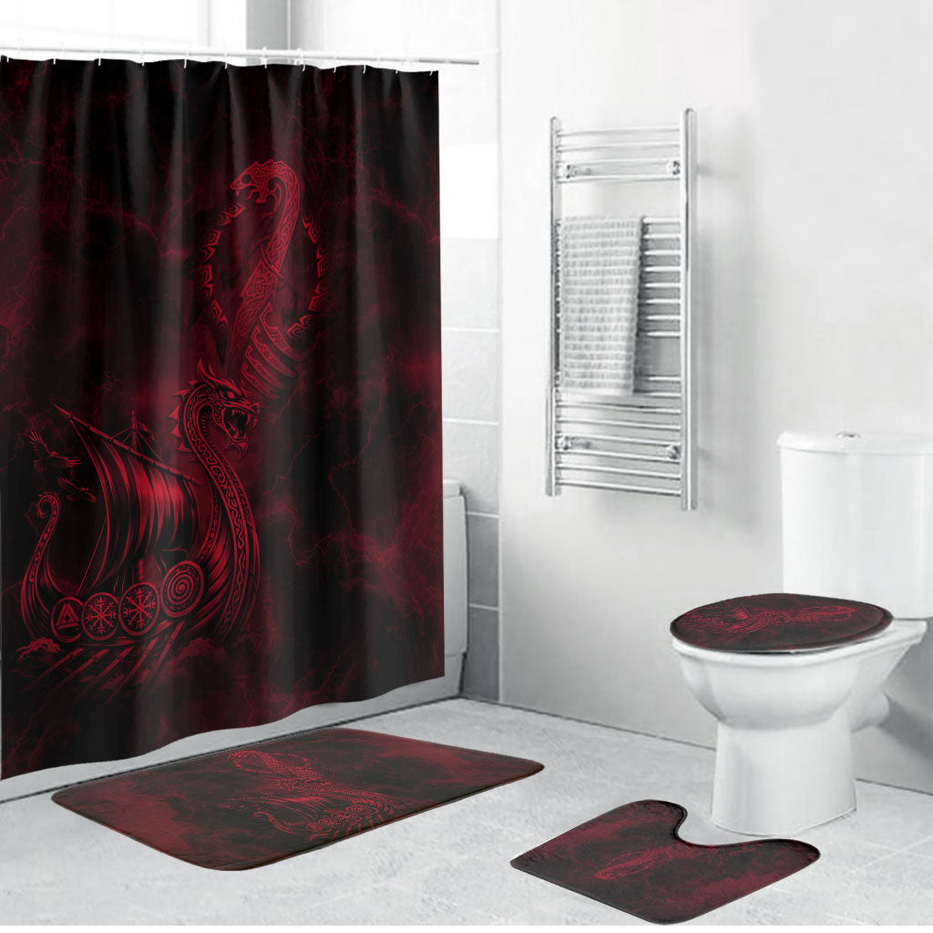 Viking Dragon Longship Helm of Awe Bathroom Set Nordic Mythology Tribal Engraving Style