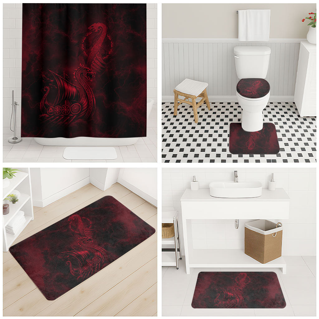 Viking Dragon Longship Helm of Awe Bathroom Set Nordic Mythology Tribal Engraving Style