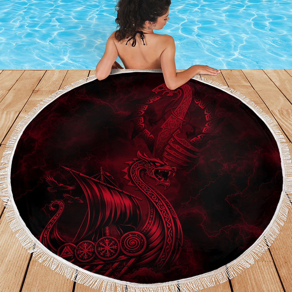 Viking Dragon Longship Helm of Awe Beach Blanket Nordic Mythology Tribal Engraving Style