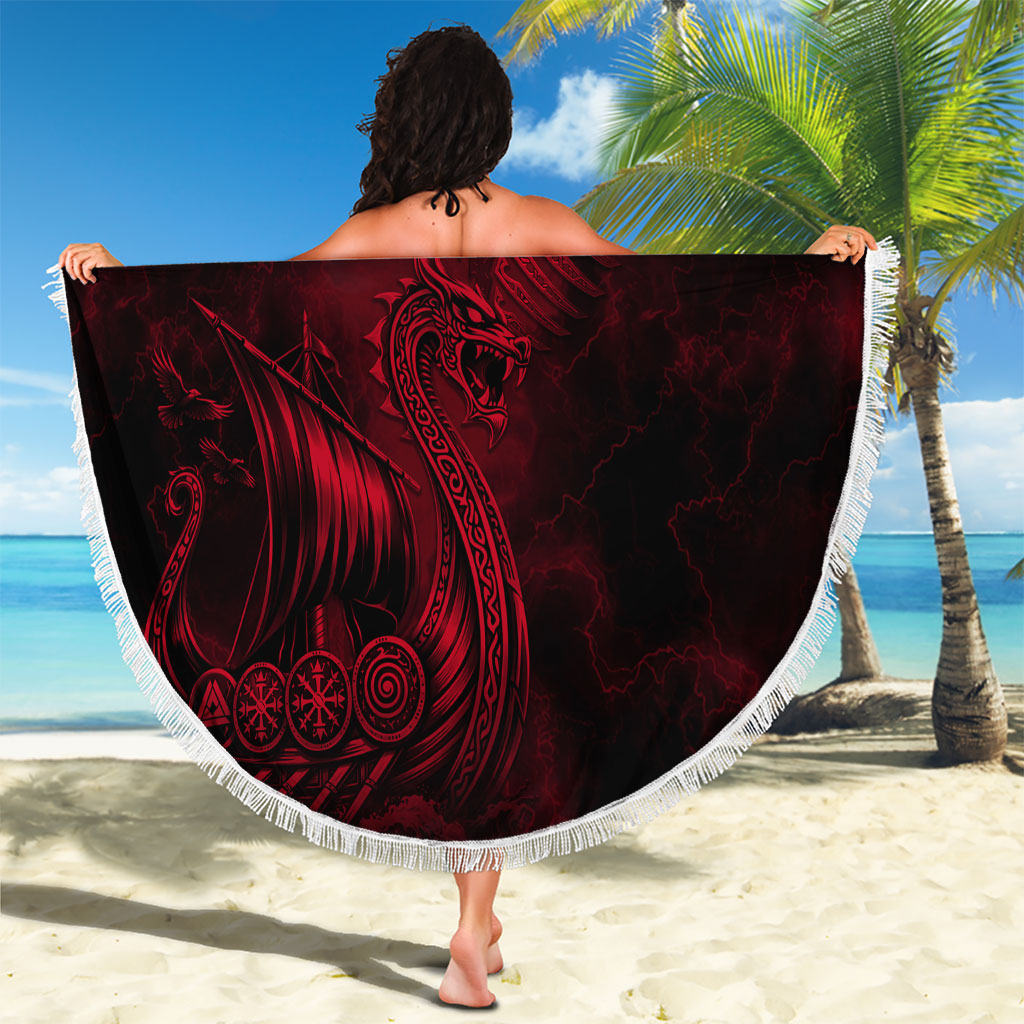 Viking Dragon Longship Helm of Awe Beach Blanket Nordic Mythology Tribal Engraving Style