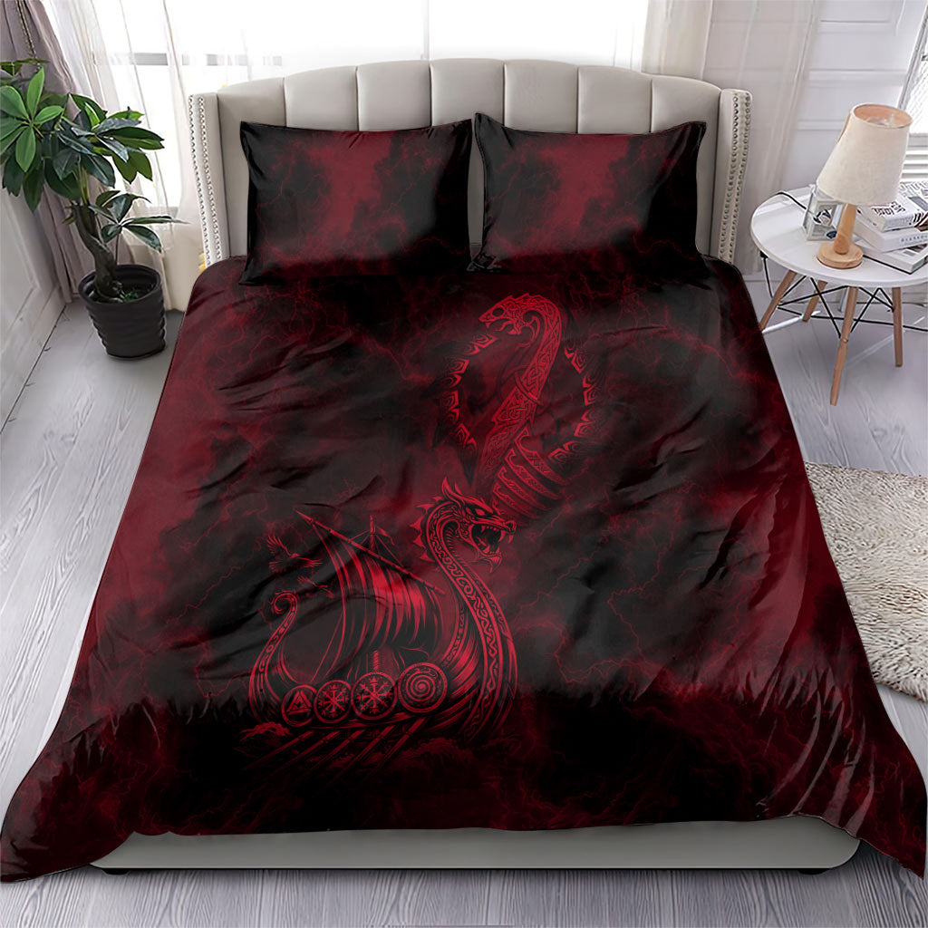 Viking Dragon Longship Helm of Awe Bedding Set Nordic Mythology Tribal Engraving Style