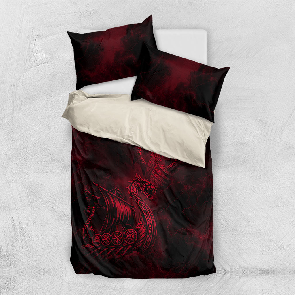 Viking Dragon Longship Helm of Awe Bedding Set Nordic Mythology Tribal Engraving Style