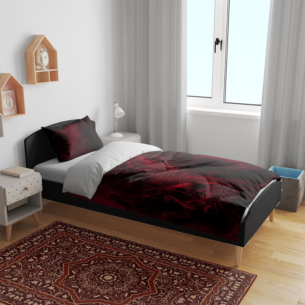 Viking Dragon Longship Helm of Awe Bedding Set Nordic Mythology Tribal Engraving Style