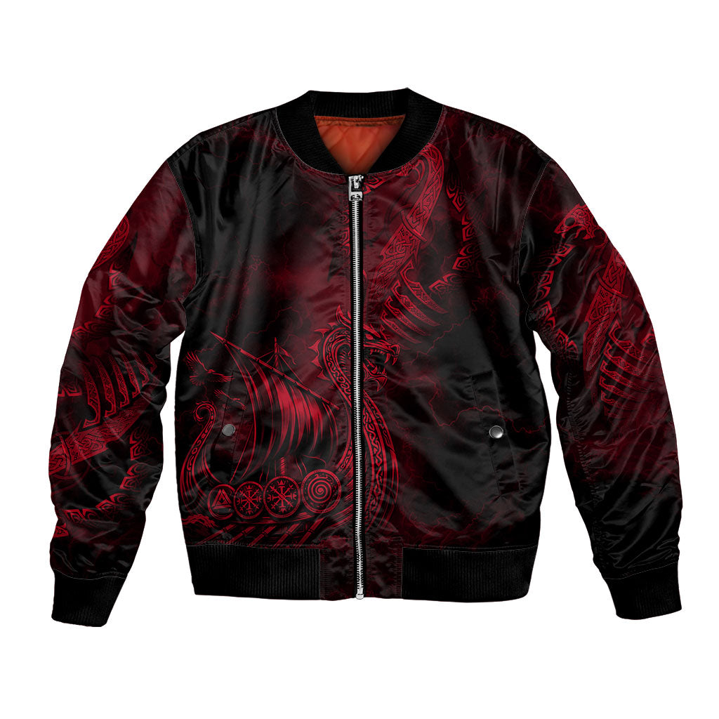 Viking Dragon Longship Helm of Awe Bomber Jacket Nordic Mythology Tribal Engraving Style