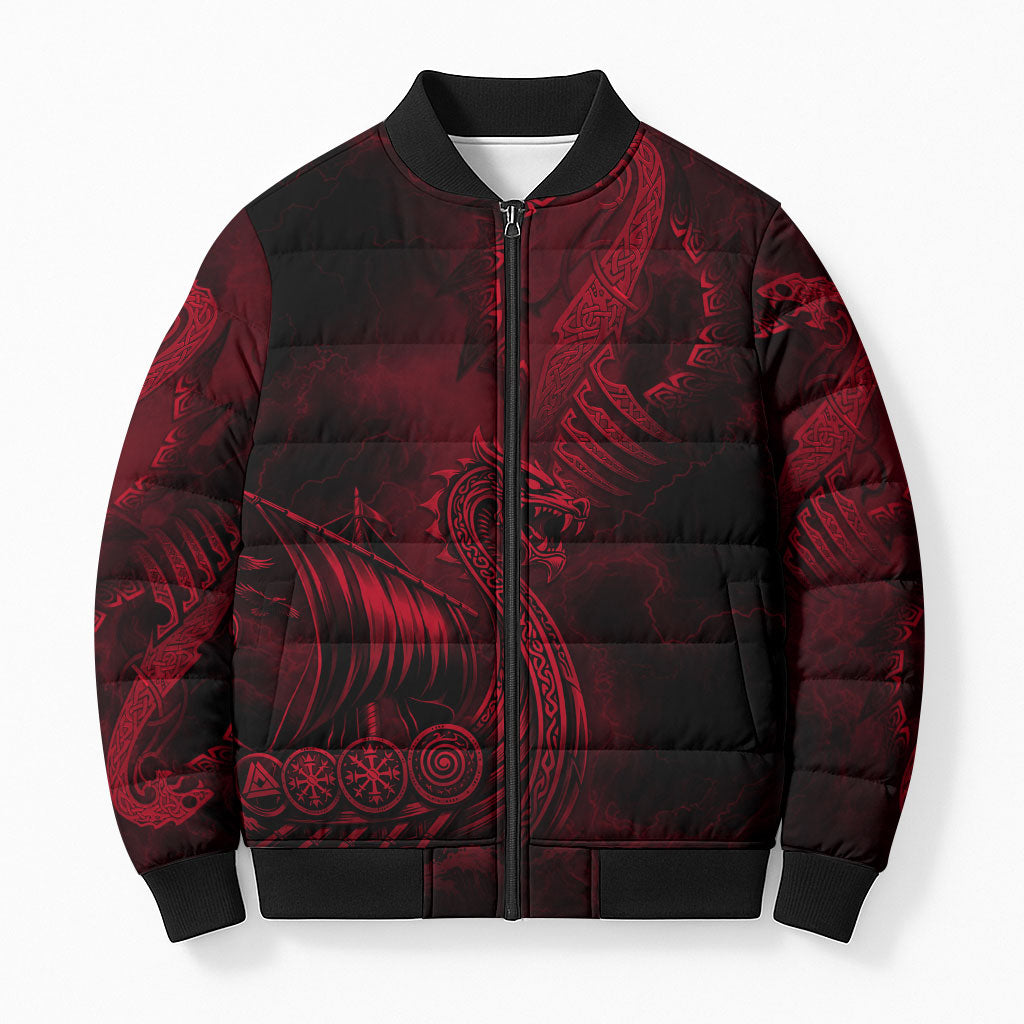 Viking Dragon Longship Helm of Awe Bomber Puffer Jacket Nordic Mythology Tribal Engraving Style