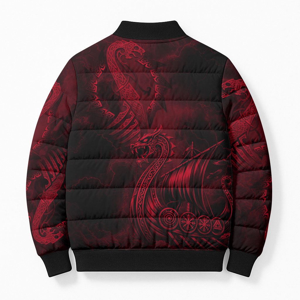 Viking Dragon Longship Helm of Awe Bomber Puffer Jacket Nordic Mythology Tribal Engraving Style