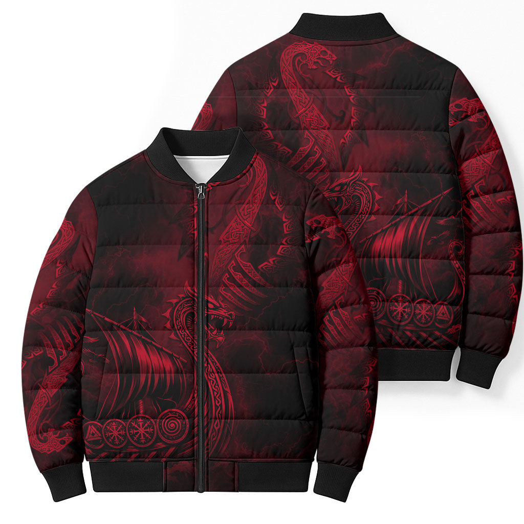 Viking Dragon Longship Helm of Awe Bomber Puffer Jacket Nordic Mythology Tribal Engraving Style