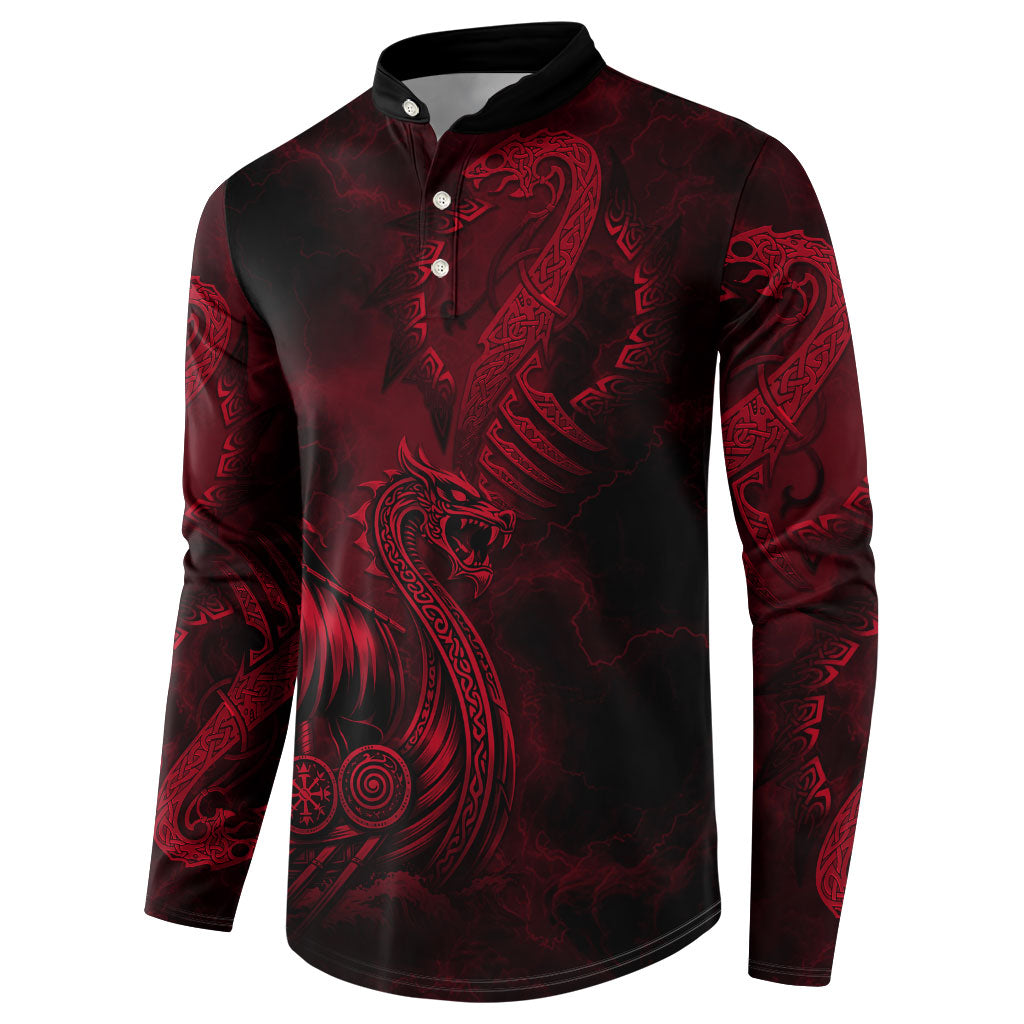 Viking Dragon Longship Helm of Awe Button Sweatshirt Nordic Mythology Tribal Engraving Style