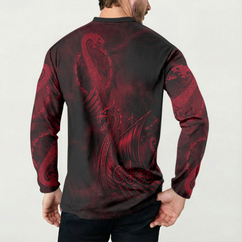Viking Dragon Longship Helm of Awe Button Sweatshirt Nordic Mythology Tribal Engraving Style