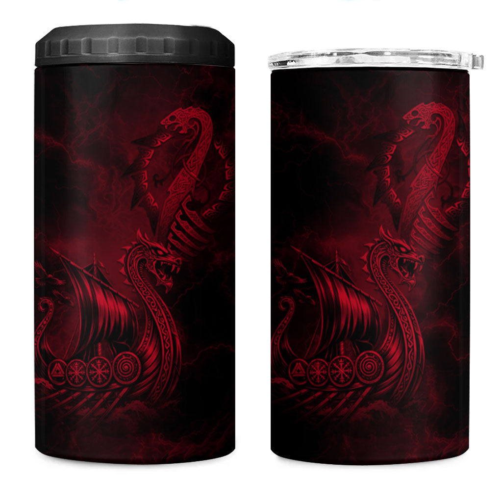 Viking Dragon Longship Helm of Awe 4 in 1 Can Cooler Tumbler Nordic Mythology Tribal Engraving Style