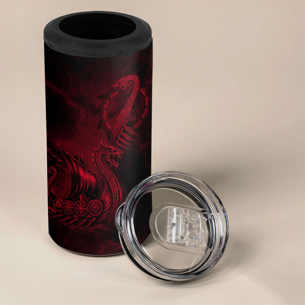 Viking Dragon Longship Helm of Awe 4 in 1 Can Cooler Tumbler Nordic Mythology Tribal Engraving Style