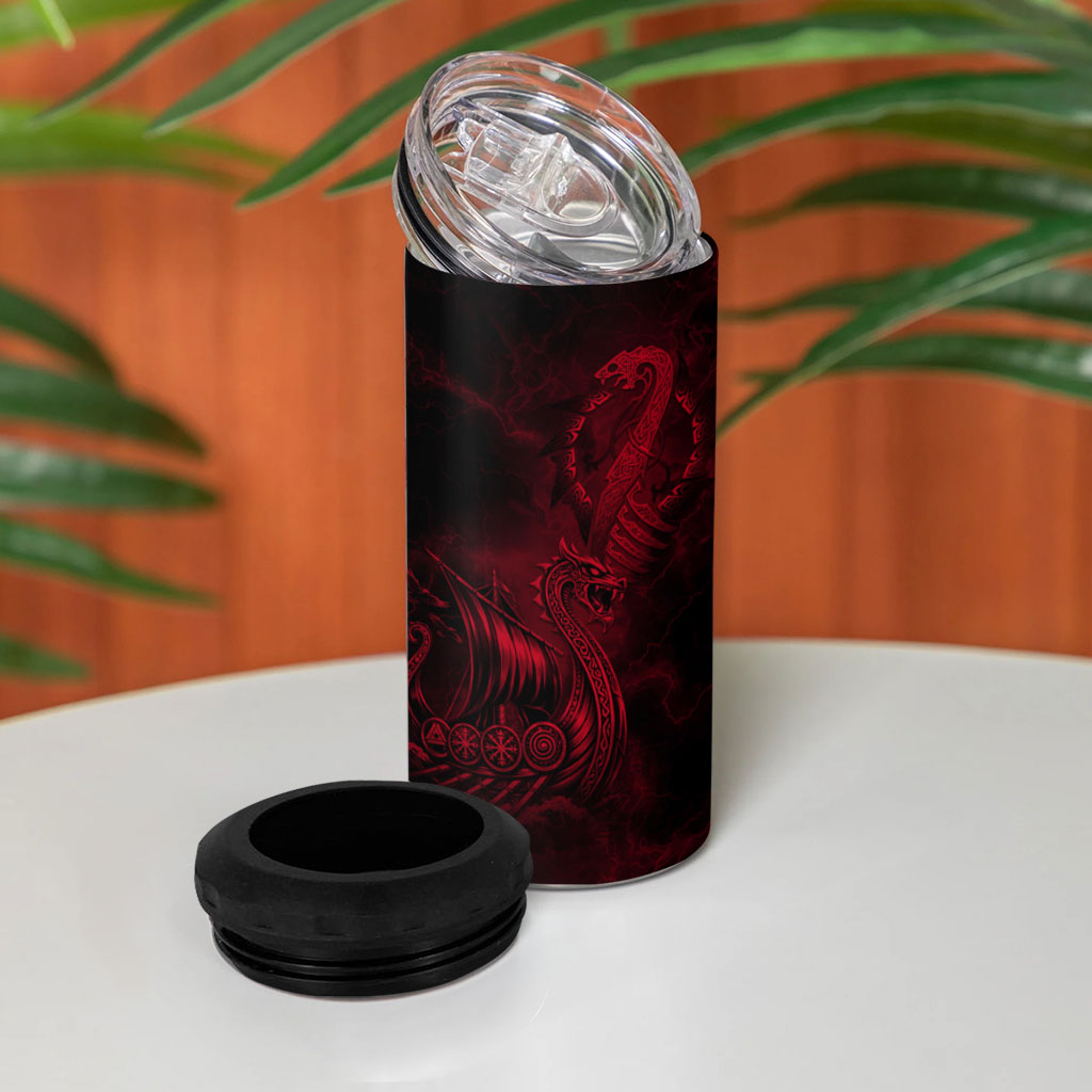 Viking Dragon Longship Helm of Awe 4 in 1 Can Cooler Tumbler Nordic Mythology Tribal Engraving Style