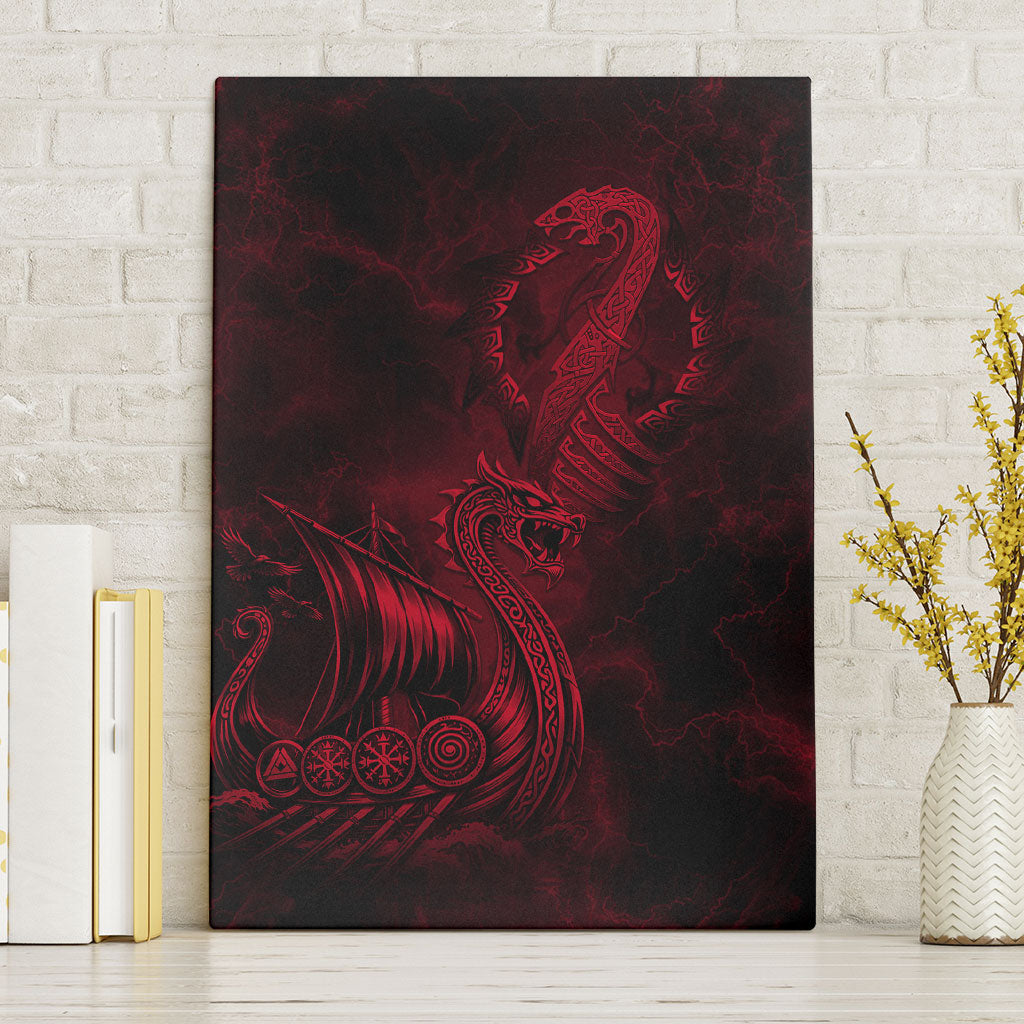 Viking Dragon Longship Helm of Awe Canvas Wall Art Nordic Mythology Tribal Engraving Style