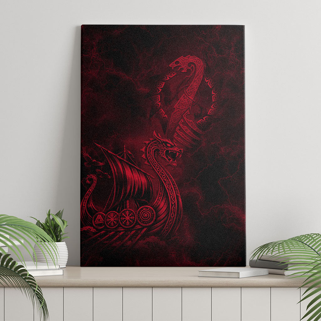 Viking Dragon Longship Helm of Awe Canvas Wall Art Nordic Mythology Tribal Engraving Style
