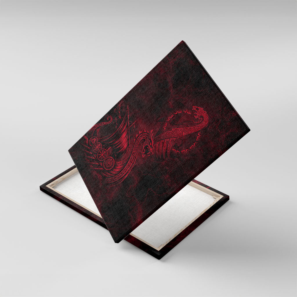 Viking Dragon Longship Helm of Awe Canvas Wall Art Nordic Mythology Tribal Engraving Style