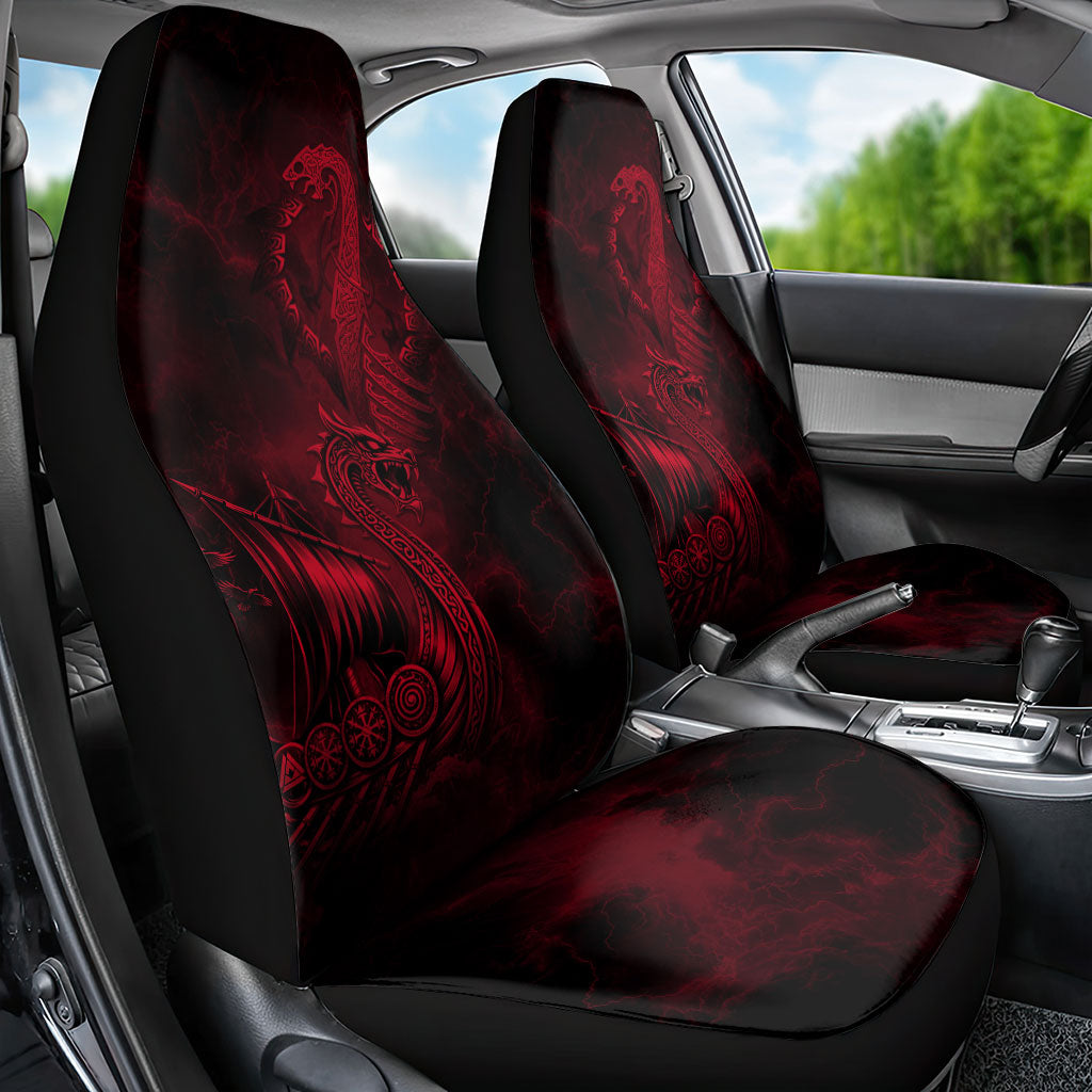 Viking Dragon Longship Helm of Awe Car Seat Cover Nordic Mythology Tribal Engraving Style