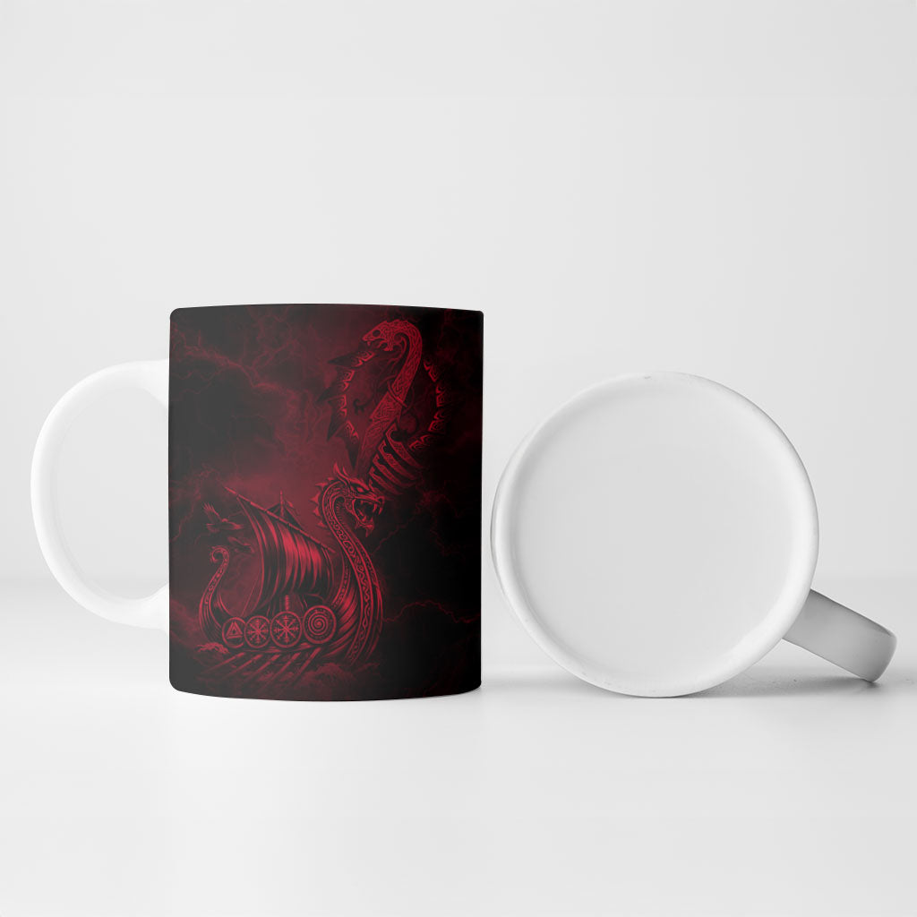 Viking Dragon Longship Helm of Awe Ceramic Mug Nordic Mythology Tribal Engraving Style