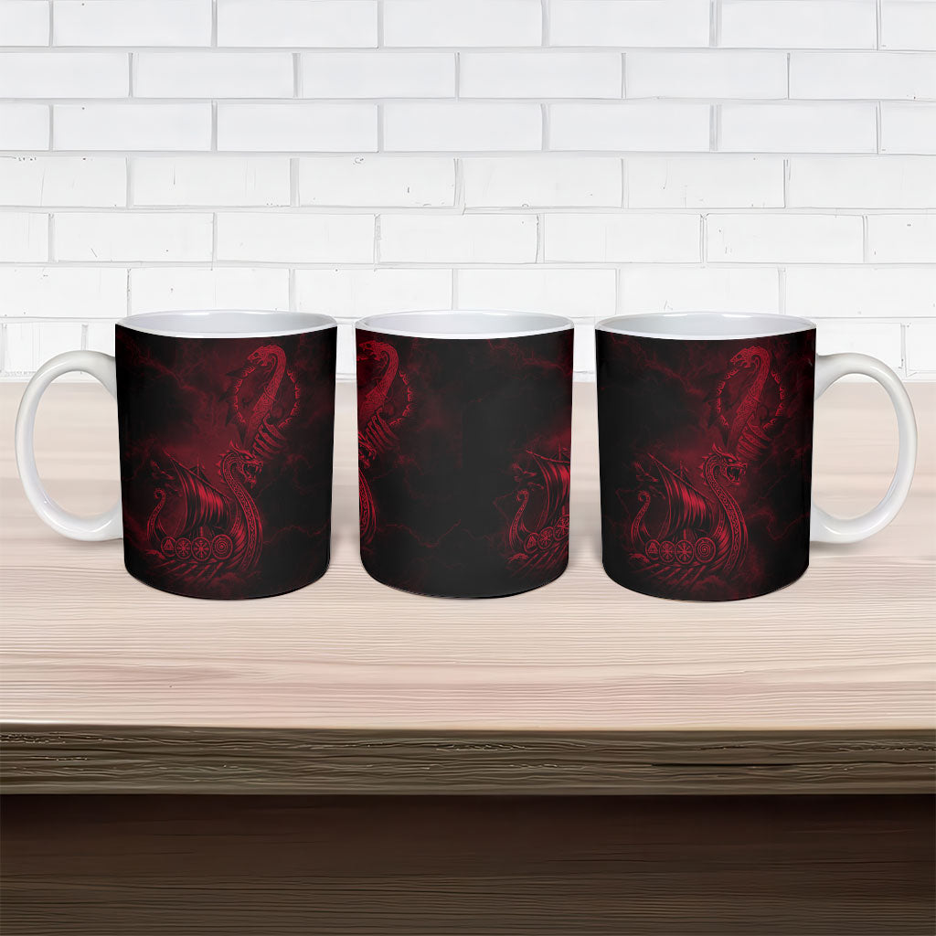 Viking Dragon Longship Helm of Awe Ceramic Mug Nordic Mythology Tribal Engraving Style