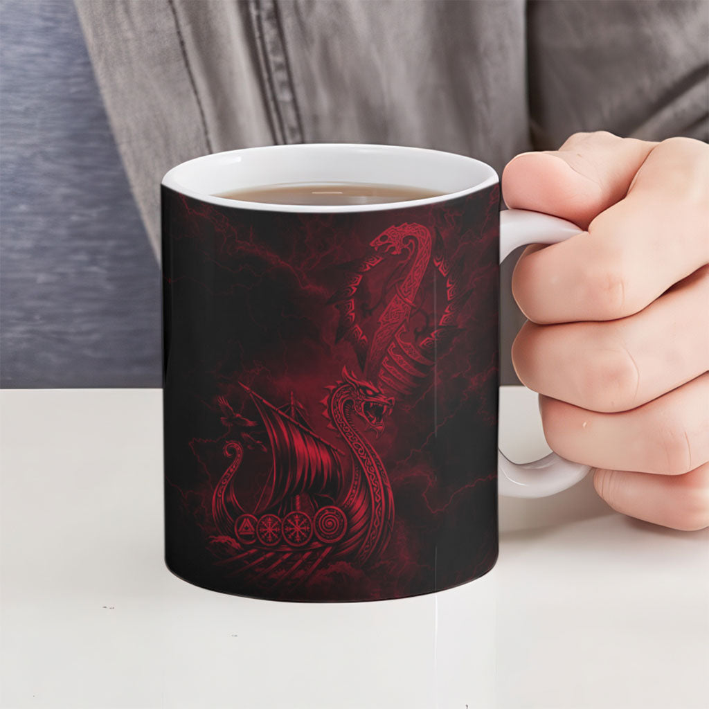 Viking Dragon Longship Helm of Awe Ceramic Mug Nordic Mythology Tribal Engraving Style