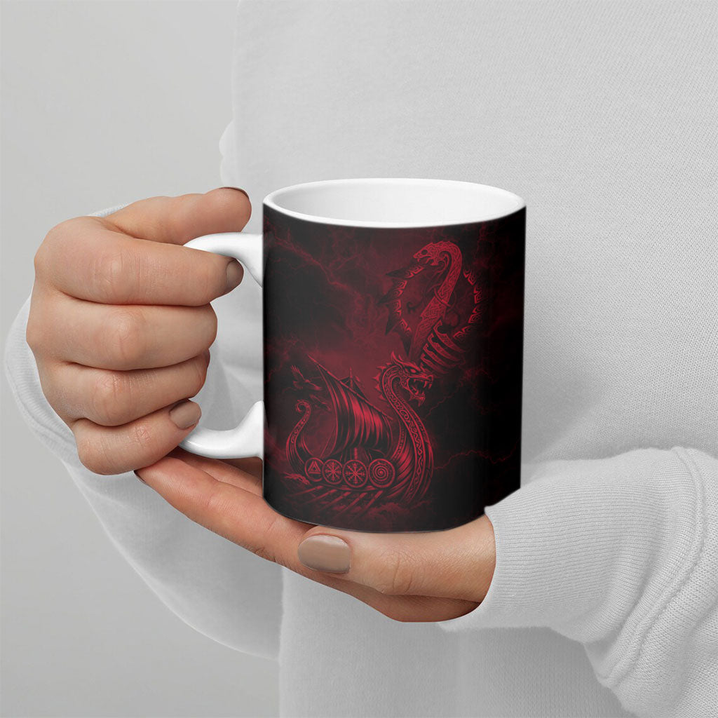 Viking Dragon Longship Helm of Awe Ceramic Mug Nordic Mythology Tribal Engraving Style
