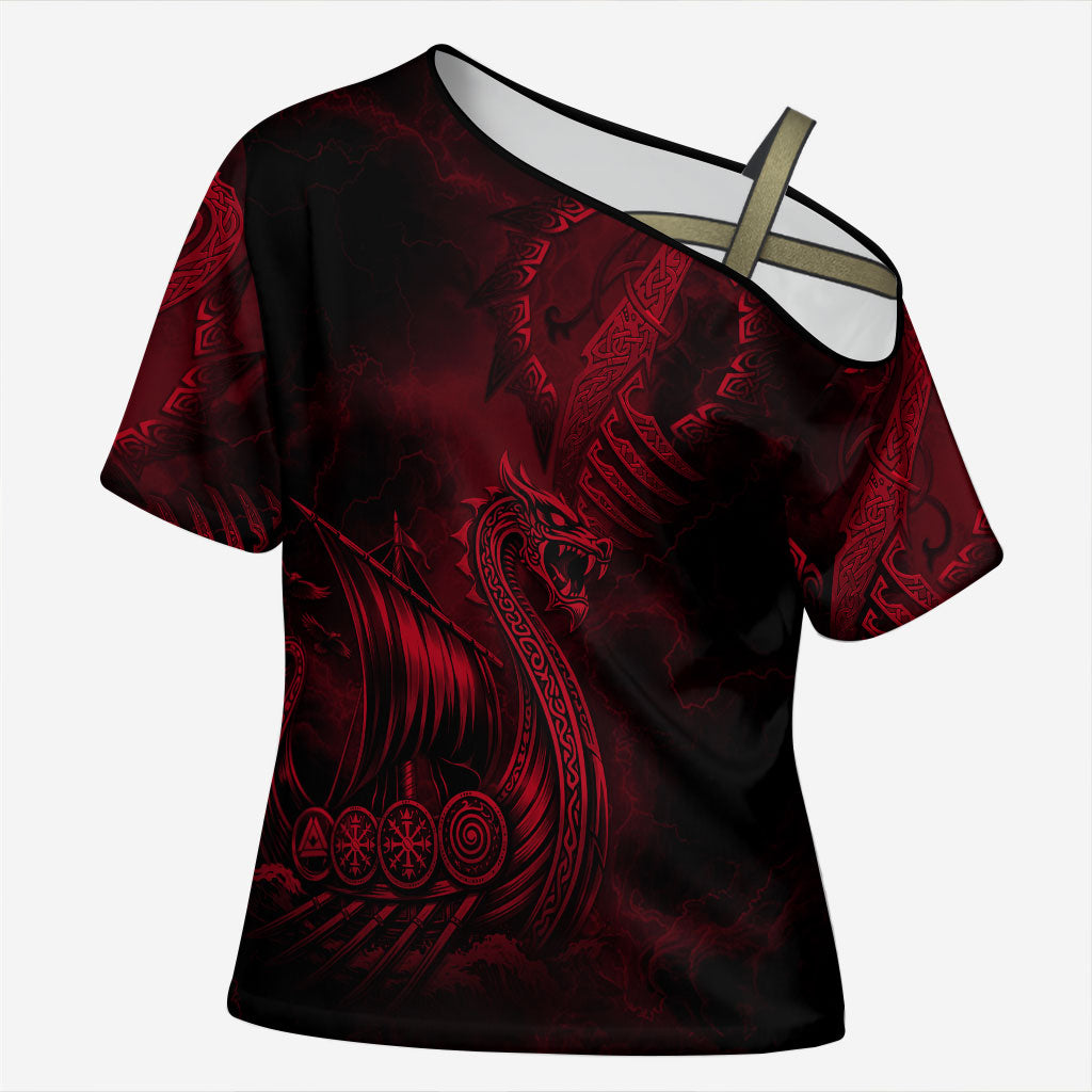 Viking Dragon Longship Helm of Awe Cross Shoulder Shirt Nordic Mythology Tribal Engraving Style