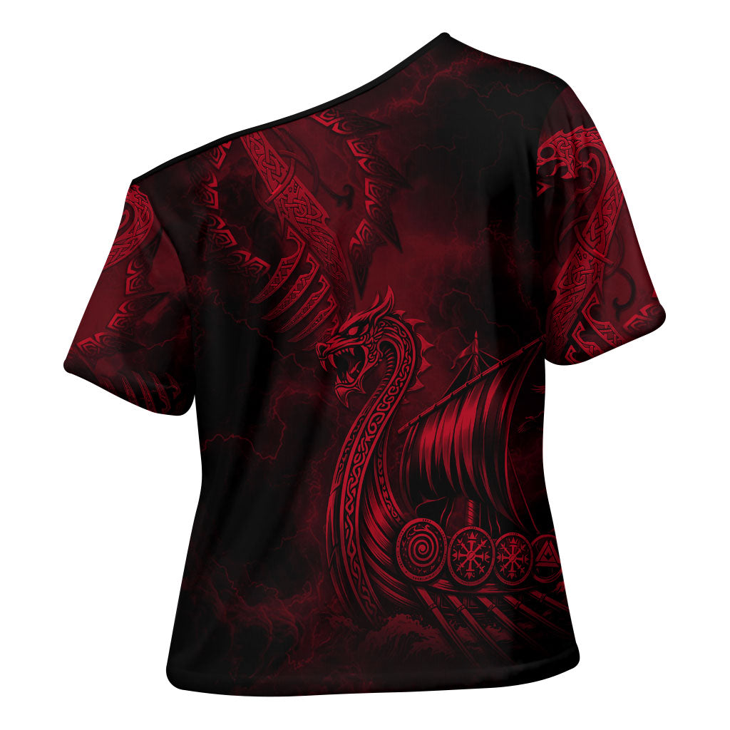 Viking Dragon Longship Helm of Awe Cross Shoulder Shirt Nordic Mythology Tribal Engraving Style