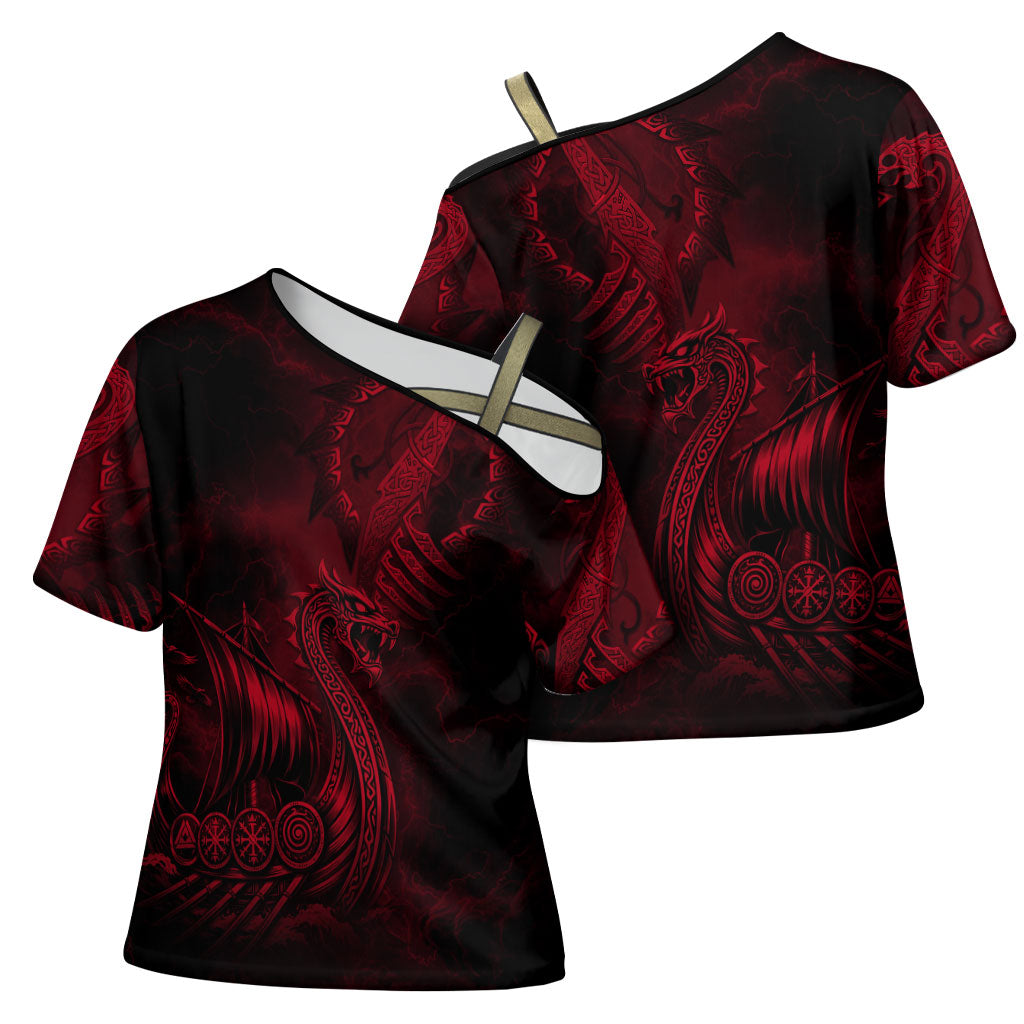 Viking Dragon Longship Helm of Awe Cross Shoulder Shirt Nordic Mythology Tribal Engraving Style