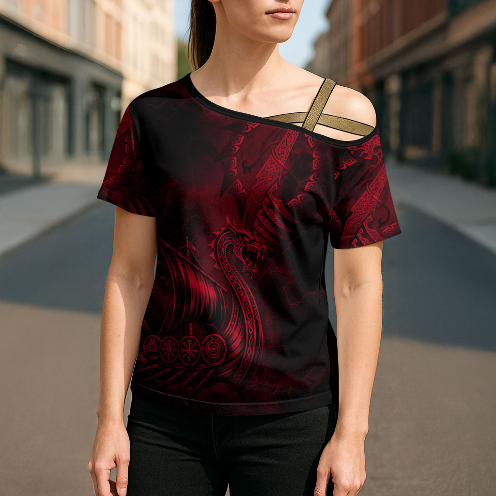 Viking Dragon Longship Helm of Awe Cross Shoulder Shirt Nordic Mythology Tribal Engraving Style