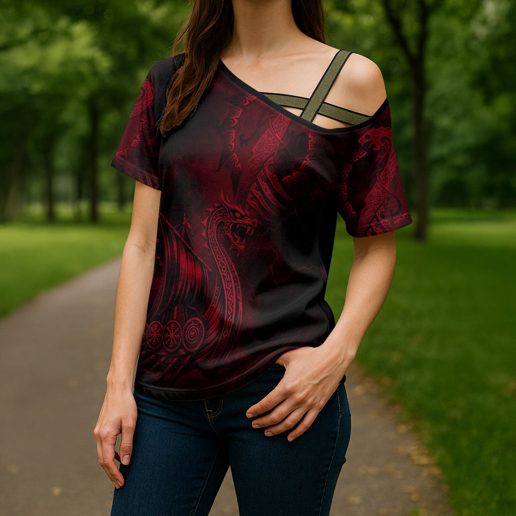 Viking Dragon Longship Helm of Awe Cross Shoulder Shirt Nordic Mythology Tribal Engraving Style