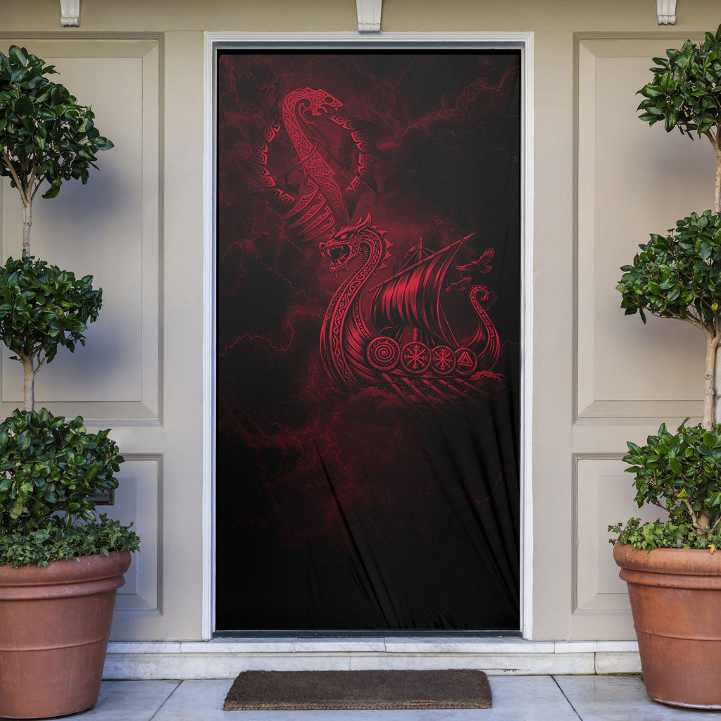 Viking Dragon Longship Helm of Awe Door Cover Nordic Mythology Tribal Engraving Style