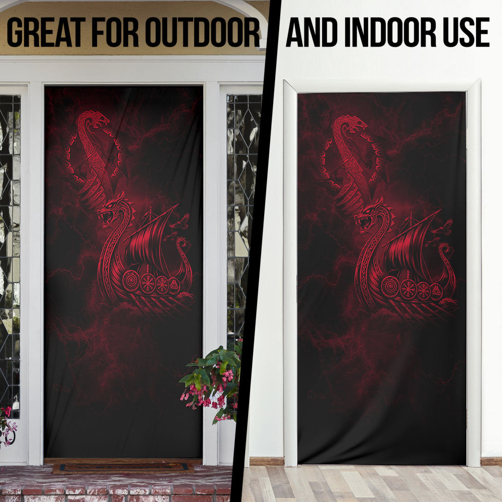 Viking Dragon Longship Helm of Awe Door Cover Nordic Mythology Tribal Engraving Style