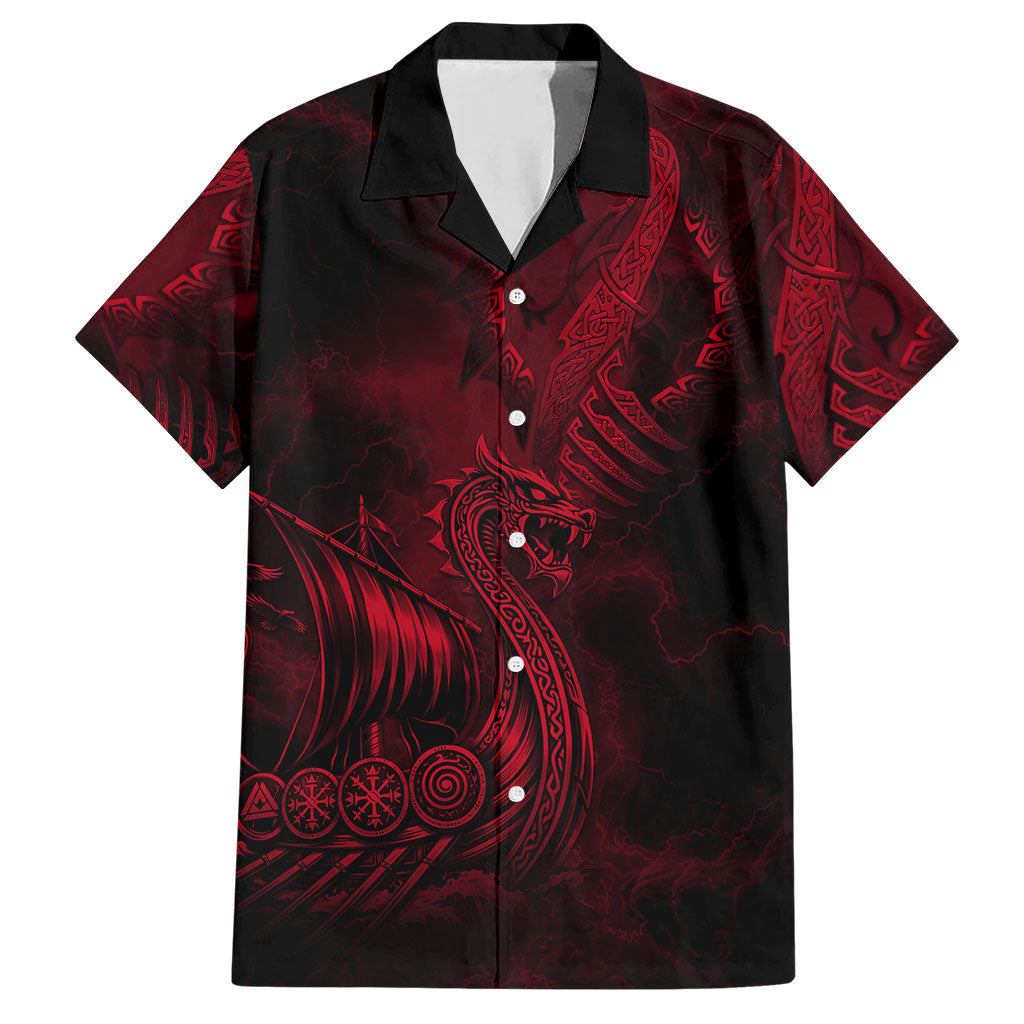 Viking Dragon Longship Helm of Awe Hawaiian Shirt Nordic Mythology Tribal Engraving Style