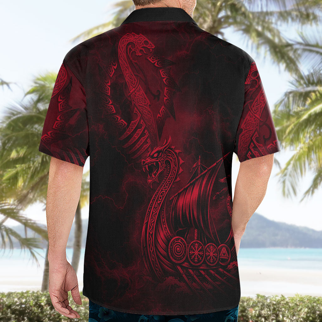 Viking Dragon Longship Helm of Awe Hawaiian Shirt Nordic Mythology Tribal Engraving Style