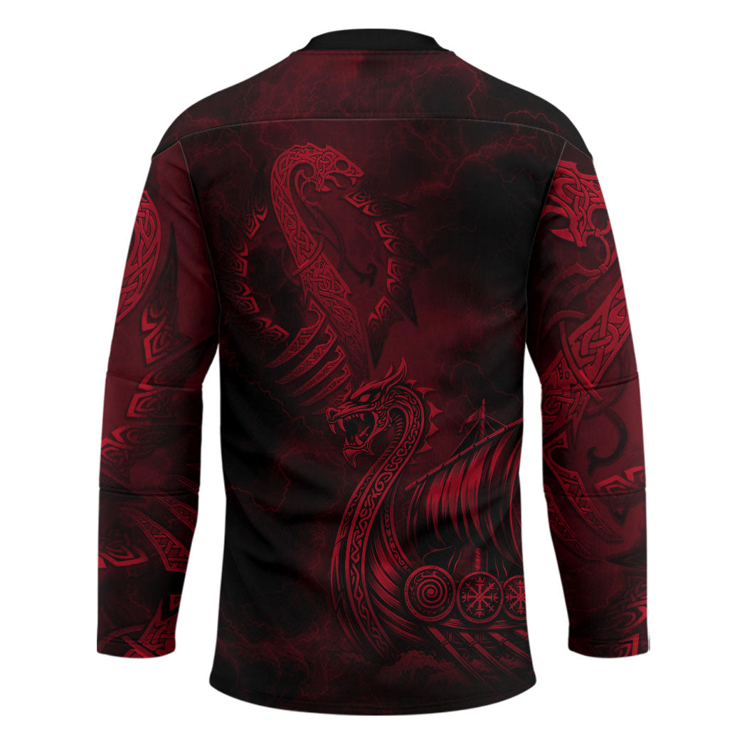 Viking Dragon Longship Helm of Awe Hockey Jersey Nordic Mythology Tribal Engraving Style