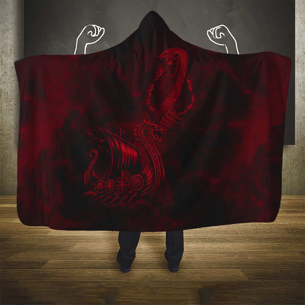 Viking Dragon Longship Helm of Awe Hooded Blanket Nordic Mythology Tribal Engraving Style