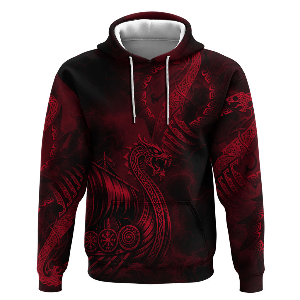 Viking Dragon Longship Helm of Awe Hoodie Nordic Mythology Tribal Engraving Style