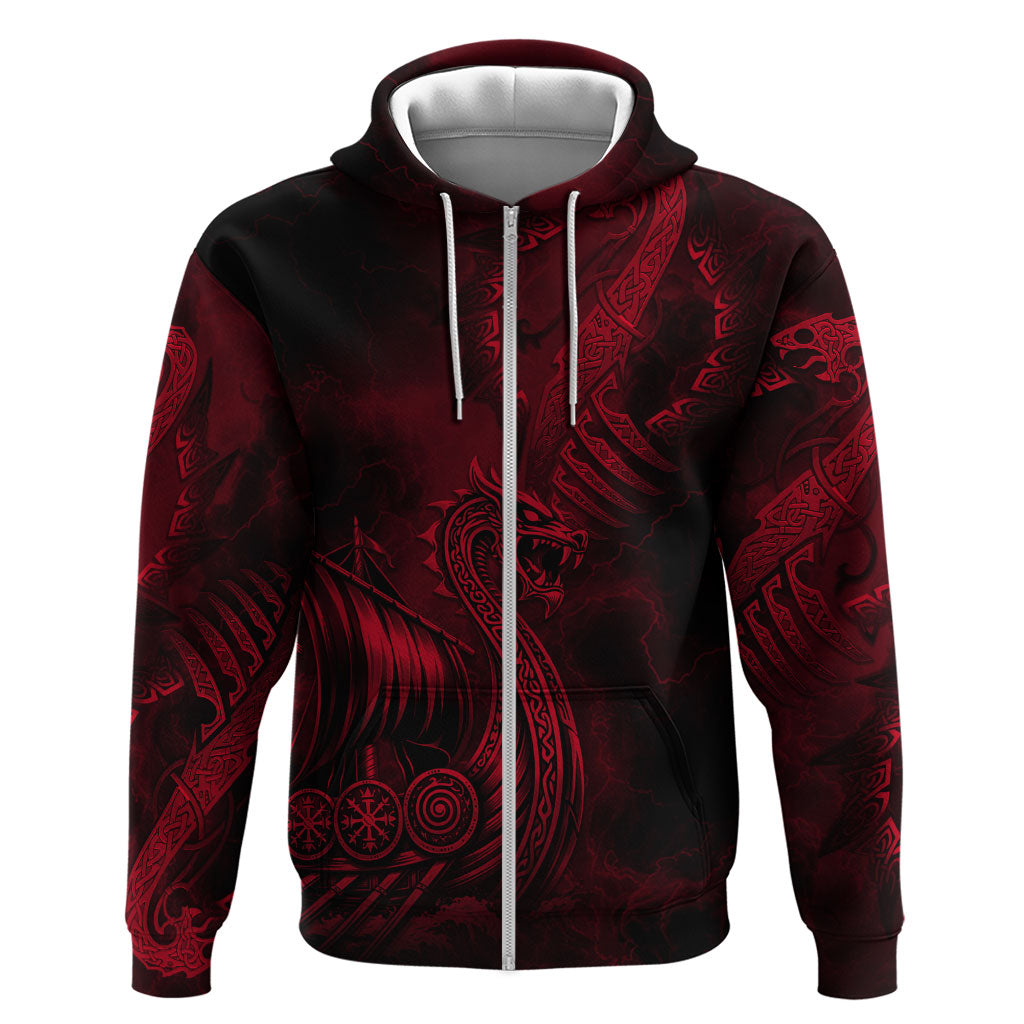 Viking Dragon Longship Helm of Awe Hoodie Nordic Mythology Tribal Engraving Style