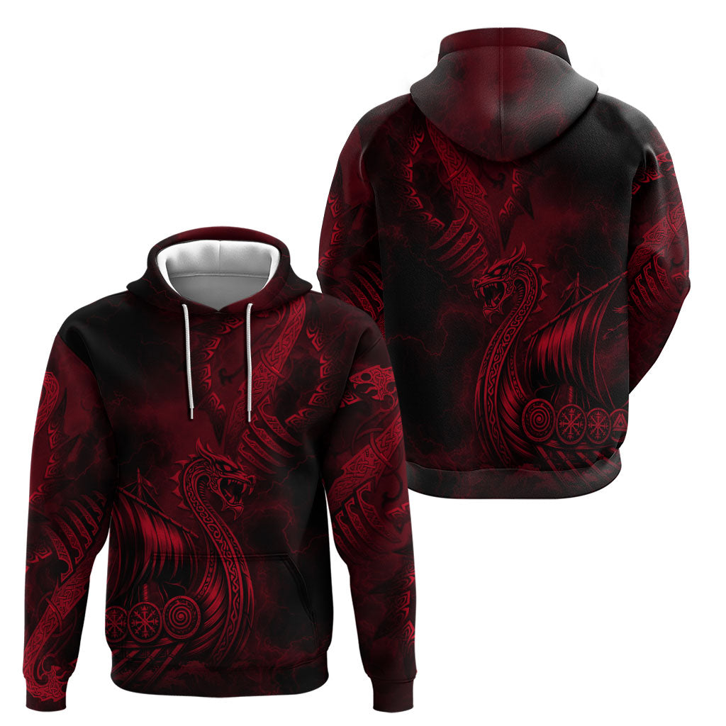 Viking Dragon Longship Helm of Awe Hoodie Nordic Mythology Tribal Engraving Style