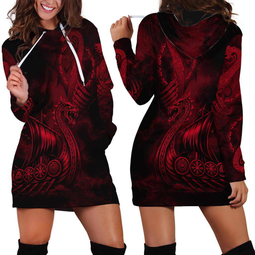 Viking Dragon Longship Helm of Awe Hoodie Dress Nordic Mythology Tribal Engraving Style