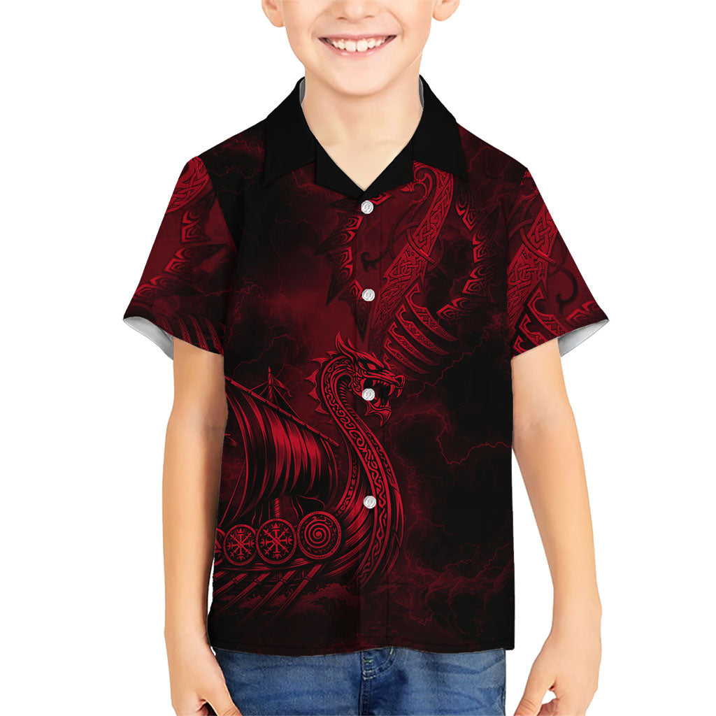 Viking Dragon Longship Helm of Awe Kid Hawaiian Shirt Nordic Mythology Tribal Engraving Style