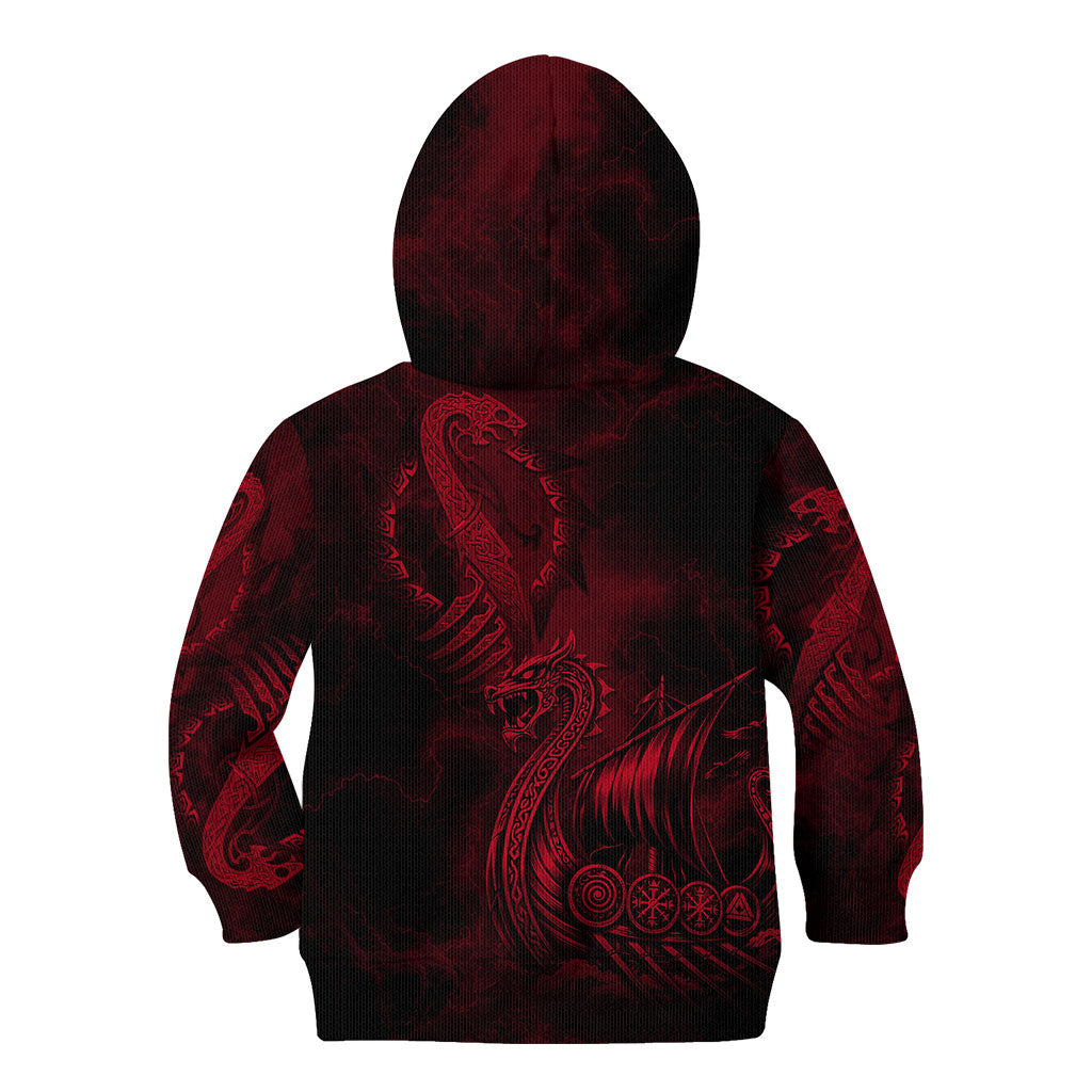 Viking Dragon Longship Helm of Awe Kid Hoodie Nordic Mythology Tribal Engraving Style