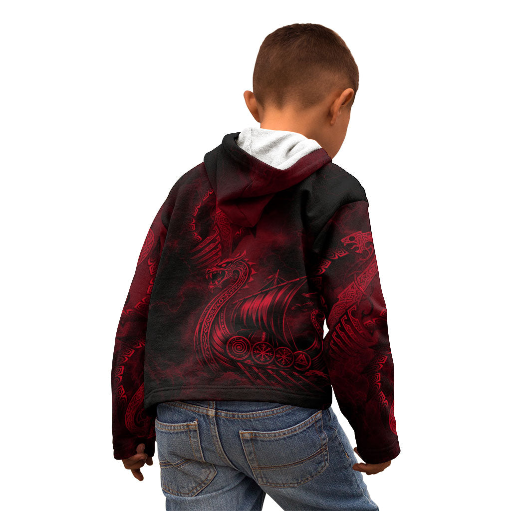 Viking Dragon Longship Helm of Awe Kid Hoodie Nordic Mythology Tribal Engraving Style