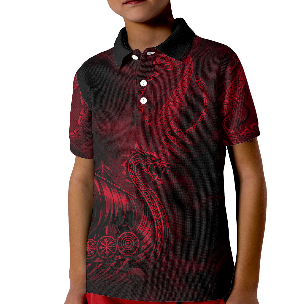 Viking Dragon Longship Helm of Awe Kid Polo Shirt Nordic Mythology Tribal Engraving Style